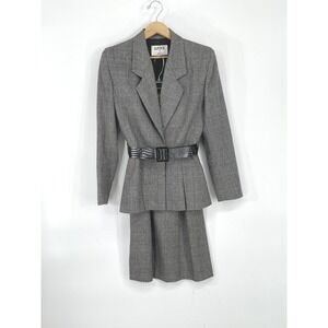 Vintage Kasper for ASL Women Skirt Suit 4 Grey Glen Plaid Belted 2pc Set
